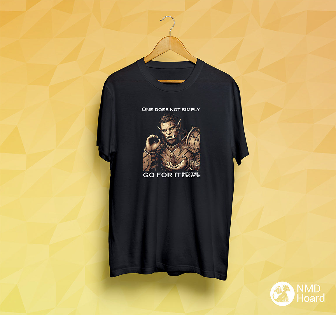 Black graphic T-shirt mockup on yellow background, showcasing an armoured orc amd text 'One does not simply, Go For It into the end zone'.