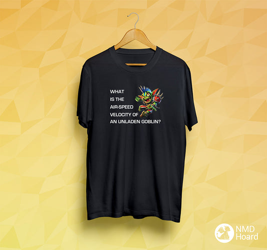 Black graphic T-shirt mockup on yellow background, showcasing an armoured orc amd text 'One does not simply, Go For It into the end zone'.
