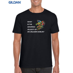 Mockup on a male model wearing a black Gildan t-shirt featuring the goblin design 'what is the air-speed velocity of an unladen goblin?'.