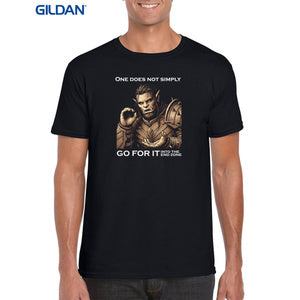 Mockup on a male model wearing a black gildan t-shirt featuring an Orcamir design with white text: ‘ONE DOES NOT SIMPLY GO FOR IT INTO THE END ZONE.’