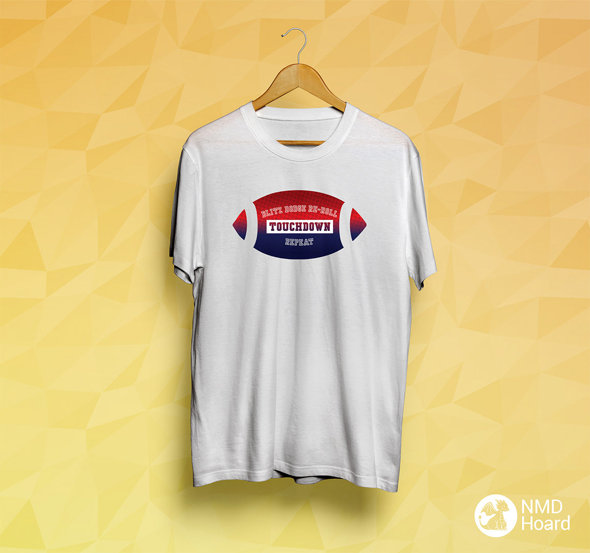 White t-shirt with football graphic and text 'Blitz Dodge Re-Roll Touchdown Repeat' on a yellow geometric pattern background