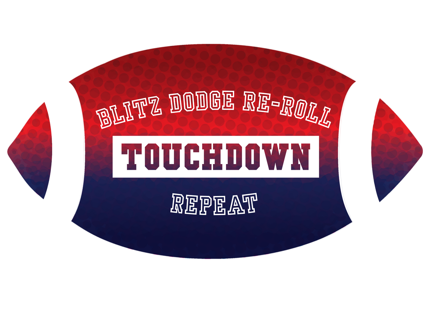 Red and blue football-shaped object with text on a white background