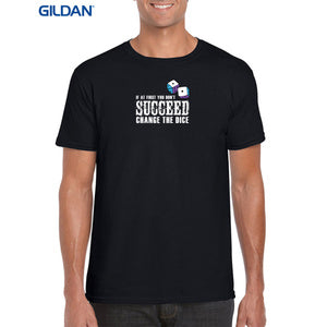 Mockup on a male model wearing  a black Gildan t-shirt featuring the 'If at first you don't succeed, change the dice' design. Perfect for table top gamers and fantasy football coaches.