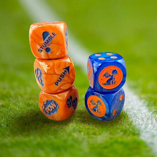 Stack of 3 orange D6 action block dice and a stack of 2 blue dot D6 for fantasy football.