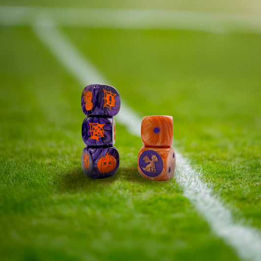 Purple acrylic 16mm set of three block dice with Orange infill with orange D6 dot dice dice