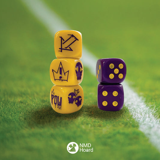 Yellow acrylic 16mm set of three block dice featuring graffiti street style action symbols for fantasy football with purple infill and two purple D6 dot dice with the NMD Hoard dragon logo on the 6 and yellow infill.