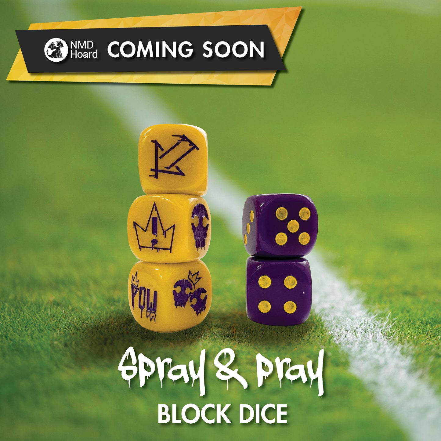 Yellow acrylic 16mm set of three block dice featuring graffiti street style action symbols for fantasy football with purple infill and two purple D6 dot dice with the NMD Hoard dragon logo on the 6 and yellow infill. Text reads "Coming Soon: Spray and Pray Block Dice"