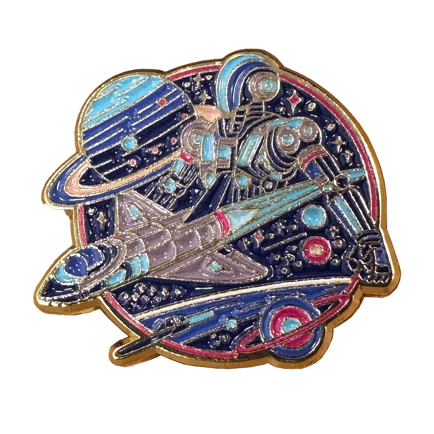 One-inch gold-tone soft enamel pin featuring a robot in space with blue enamel details, planets, and spaceships.