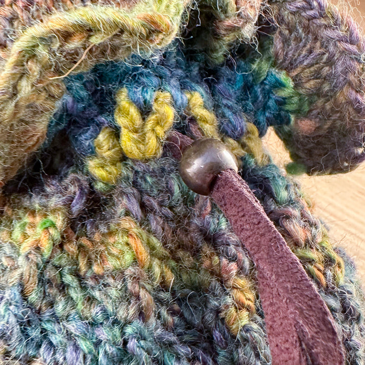 metal bead closure and leather thonging on the forrest Fateweaver's Pouch - part of the handmade hoard and Fateweaver's collection